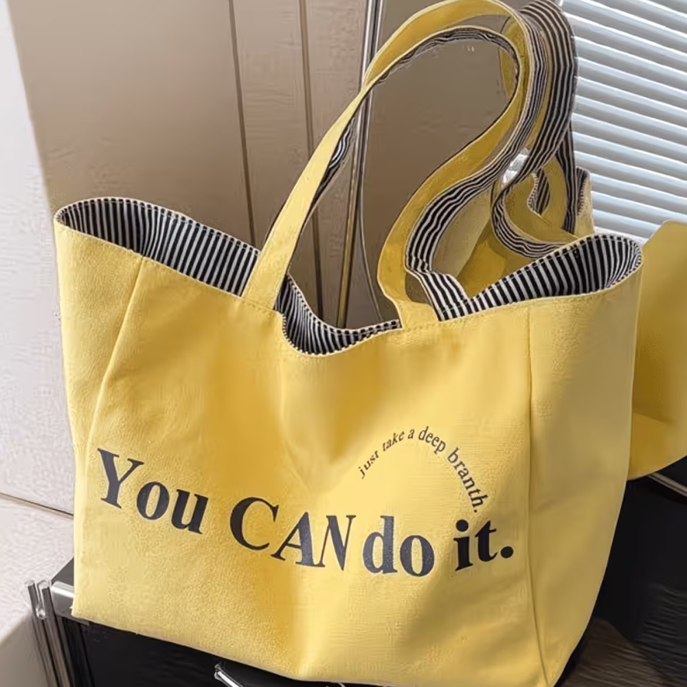 Anime Tote Bag - 세련된 스트라이프 프린트 레터링 양면 쇼핑백,