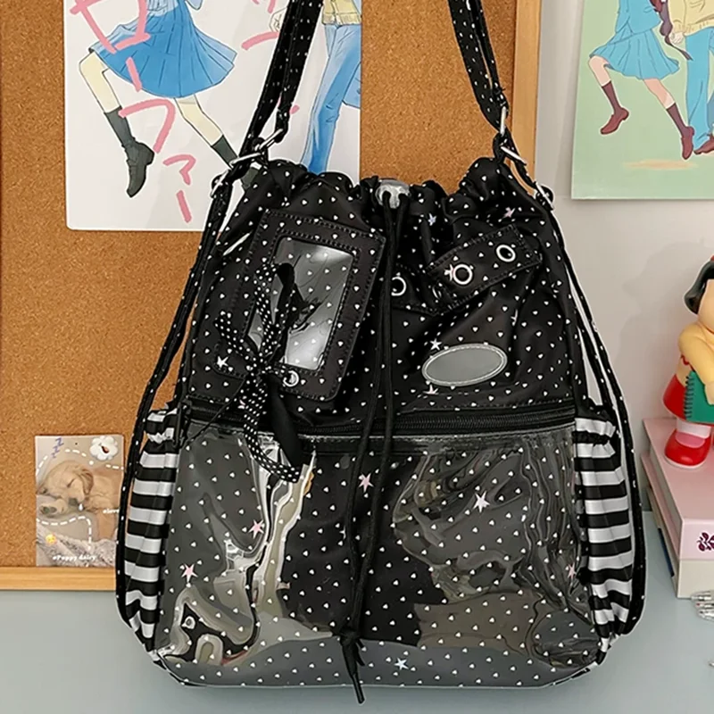 폴카 도트 드로스트링 백팩 대용량 투명 레이어 숄더백  - Anime Tote Bag 리뷰 및 가격