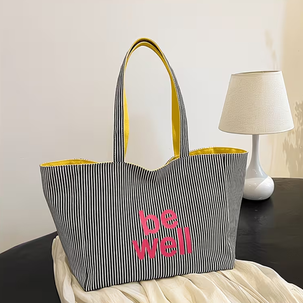 세련된 스트라이프 프린트 레터링 양면 쇼핑백, 엄마 숄 - Anime Tote Bag 리뷰 및 가격